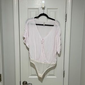 Free People Pale Pink V-Neck Tie-Front Bodysuit with Cream Panel